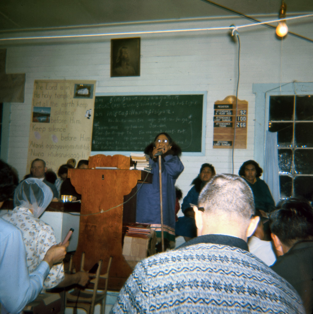 1960s Mary Curtis playing harmonica. Cora Cleveland on far right, Harold Beck on left, both facing audience