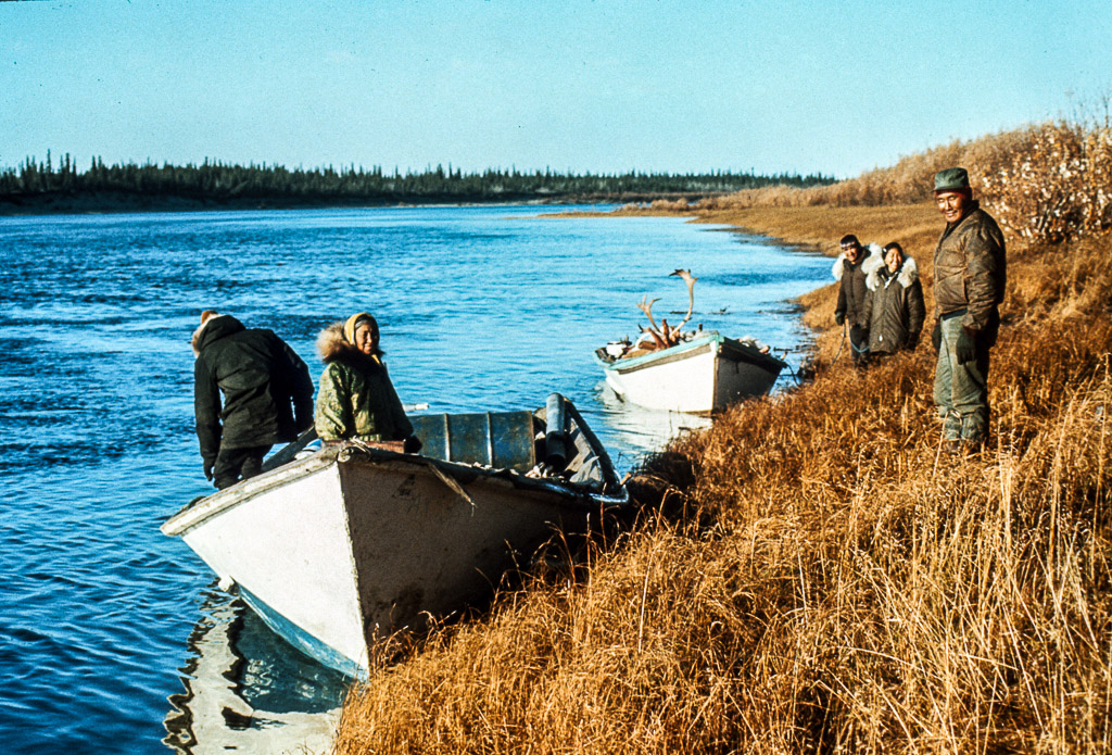 Caribou hunt by boat. Kobuk River in the fall.
