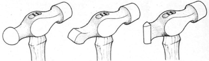 Here l. to r. are a ball peen, cross peen and straight peen hammer. (Courtesy Stanley Tool).