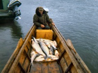 1969 Oliver and sheefish in river boat Oliver made.