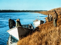 Caribou hunt by boat. Kobuk River in the fall.